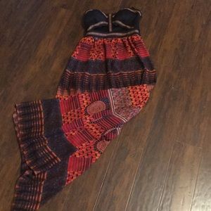 Black and orange strapless maxi dress